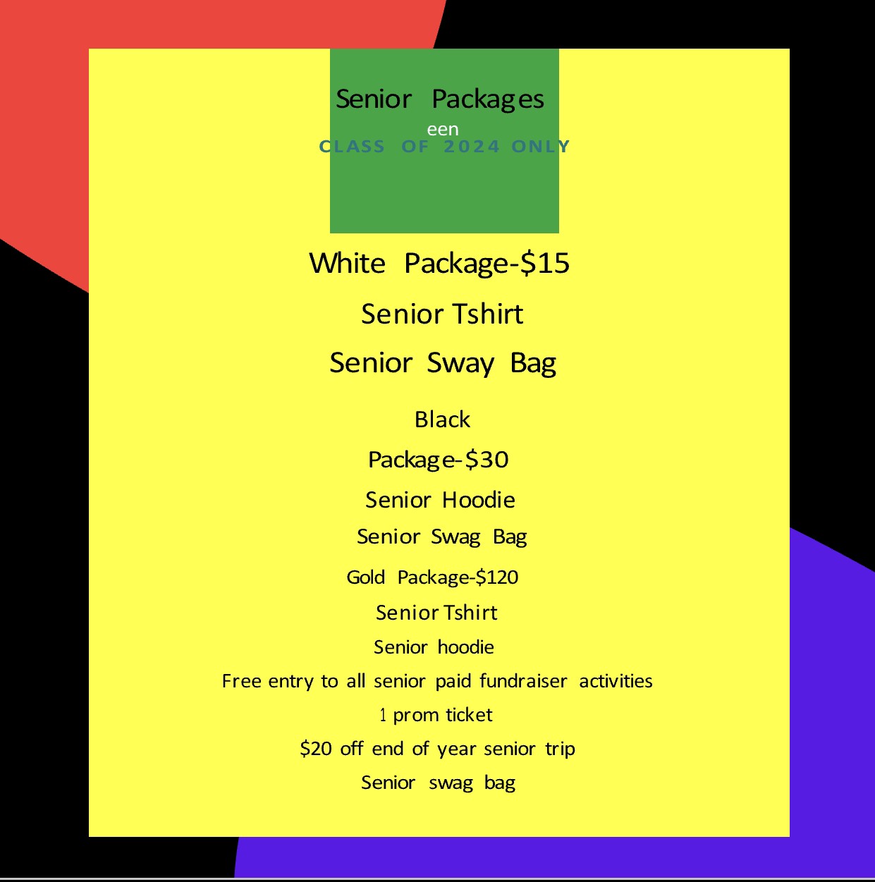 senior packages info (text describing packages on a yellow background) 