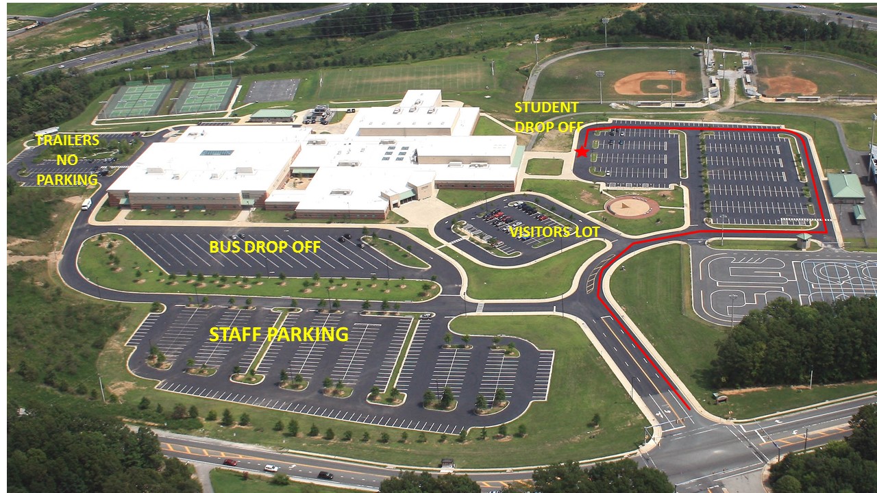 aerial image of Freedom high school with parking areas labeled