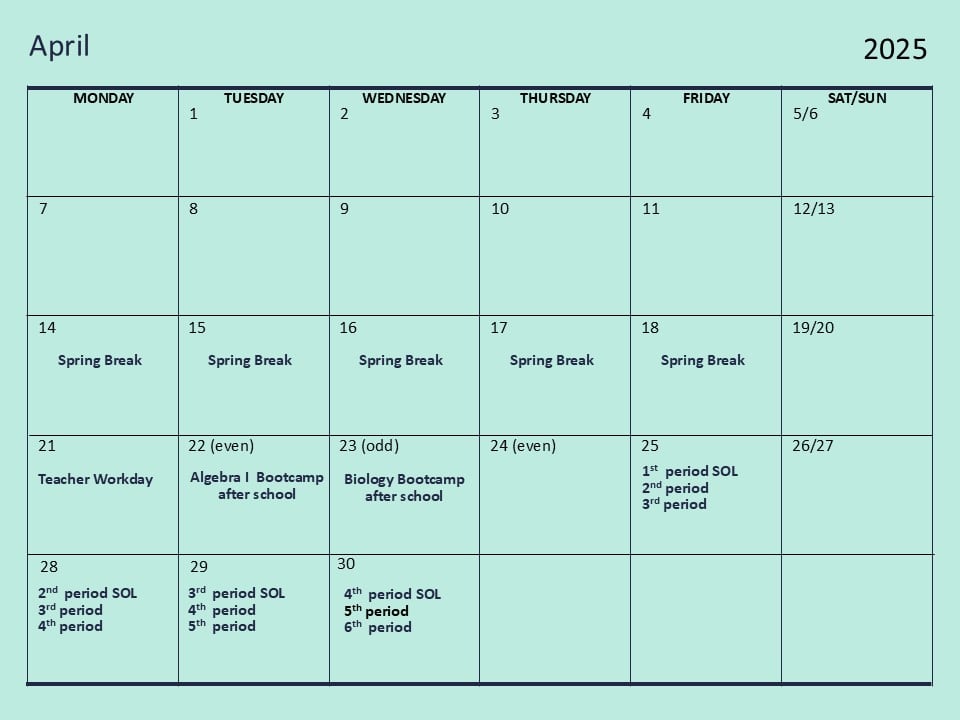 april testing calendar