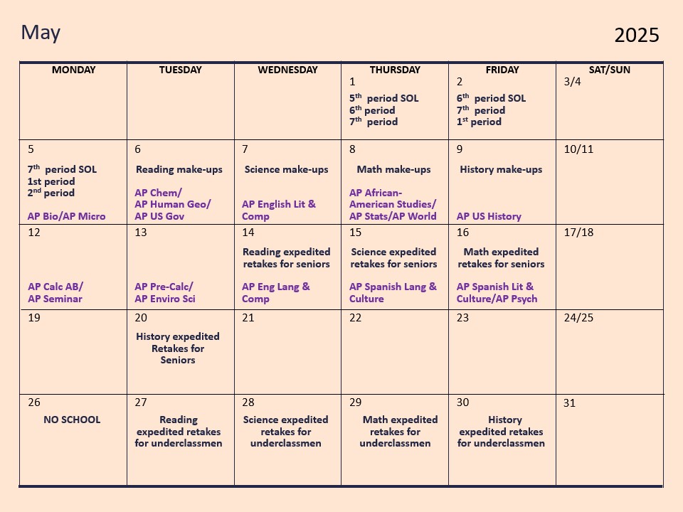 May testing calendar