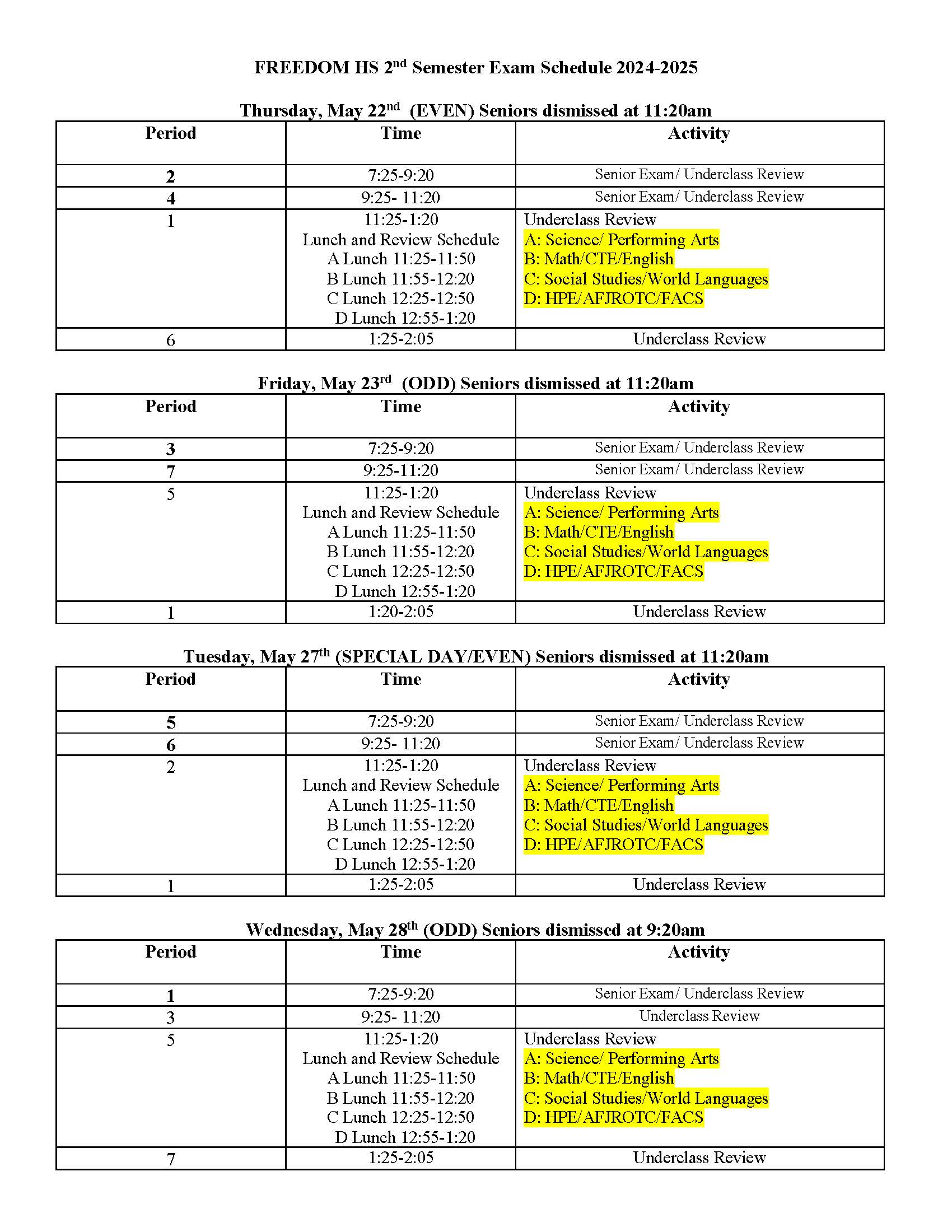 senior exam schedule