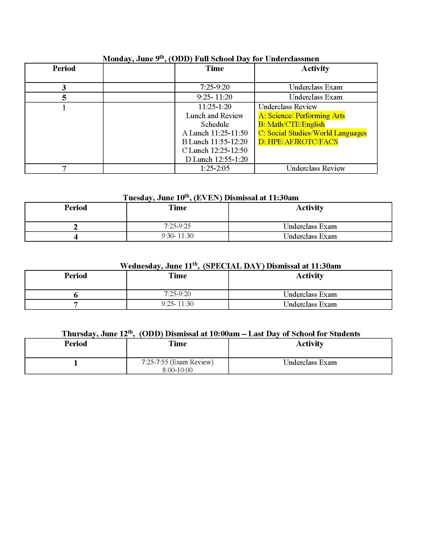 underclassmen exam schedule